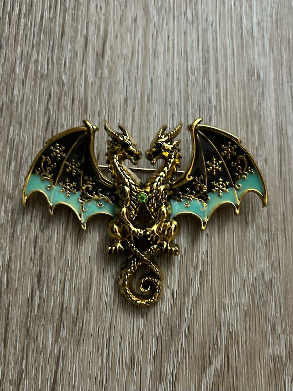 Gold Double-Headed Dragon Brooch with Black and Teal Wings